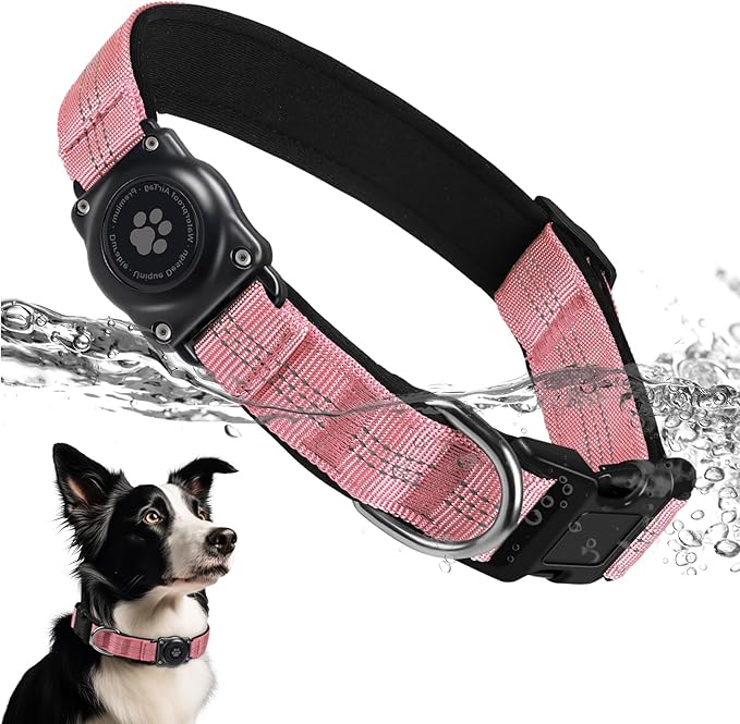 Upgraded AirTag Dog Collar, IP68 Waterproof Air Tag Dog Collar Holder, Reflective, Ultra-Durable, Comfortable Padded, Heavy Duty Dog Collars for Small Medium Large Dogs (S (10.6"-13.6"), Pink)-Mewly Pet