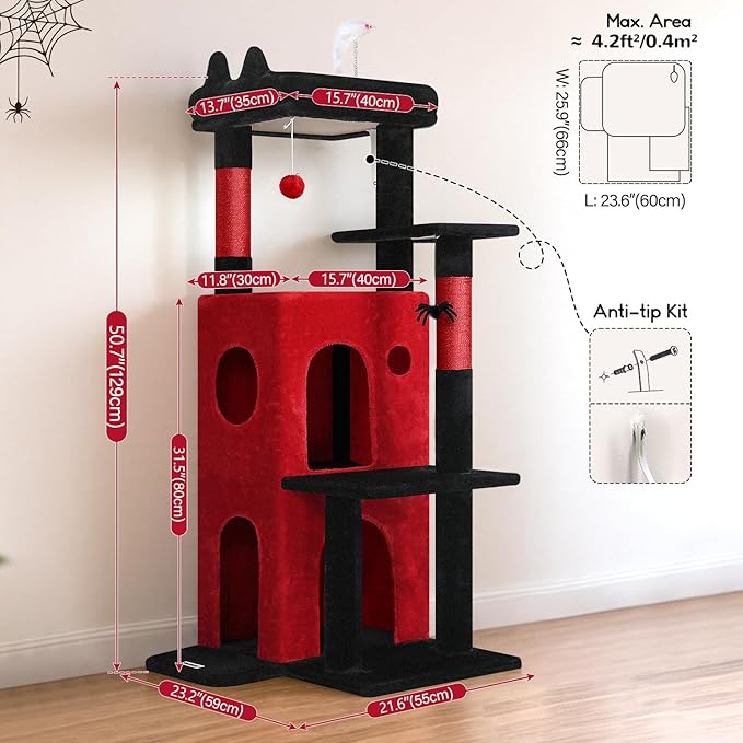 Globlazer Gothic Cat Tree Tower for Indoor Cats, 50-inch Goth Adult Cat Tree House for Large Adult Cats with Steps, Scratching Post, 2 Cat Caves, Dangling Toys, FC50, Blood-Goth-Mewly Pet