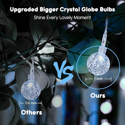 Minetom Crystal Globe String Lights Plug in - 33 ft 100 LED Globe Fairy String Lights with Remote and Timer, Waterproof for Bedroom Tent Loft Bed Window Porch Patio Wedding Party Holiday Decor, White