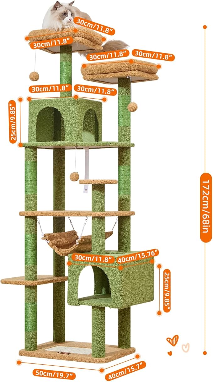 Taoqimiao Cat Tree, 68-Inch Cat Tree Cat Tower for Indoor Cats, Plush Multi-Level Cat Condo with 6 Scratching Posts, 2 Perches, 2 Caves,Hammock, 3 Pompoms,MS020ST Cactus-Mewly Pet