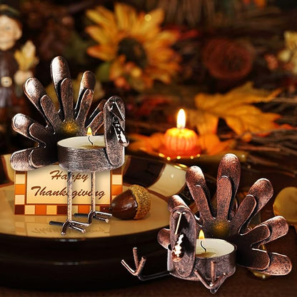 MorTime 12 Pack Turkey Tealight Candle Holders, Bronze Finished Metal Tea Light Candleholders, Thanksgiving Sitting Standing Turkey Holders Set for Table Kitchen Thanksgiving Decorations