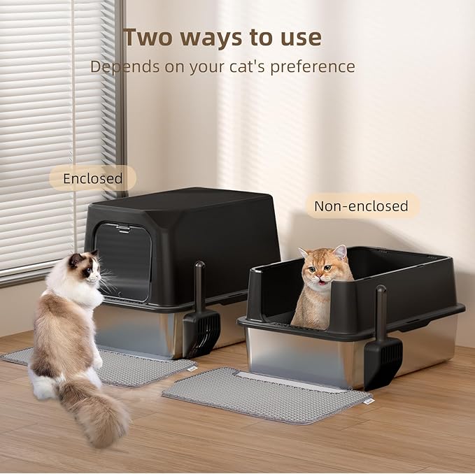 Stainless Steel Cat Litter Box with Lid, Extra Large, Great for Large & Small Cats, Easy to Clean, Anti-Leakage, Non-Sticky, Multifunctional 2 in-1 Metal Cat Litter Box - Black-Mewly Pet