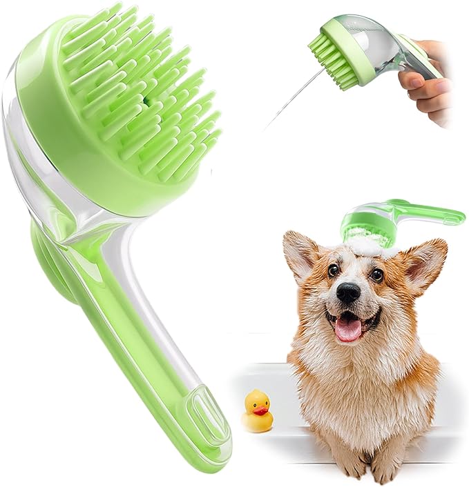 Dog Bath Brush, Silicone Pet Bath Brush with Soap Dispenser,Deep Cleansing & Gentle Massage for Dogs & Cats, Suitable for Long & Short Hair, Easy Grip, Bathing & Grooming(Green)-Mewly Pet
