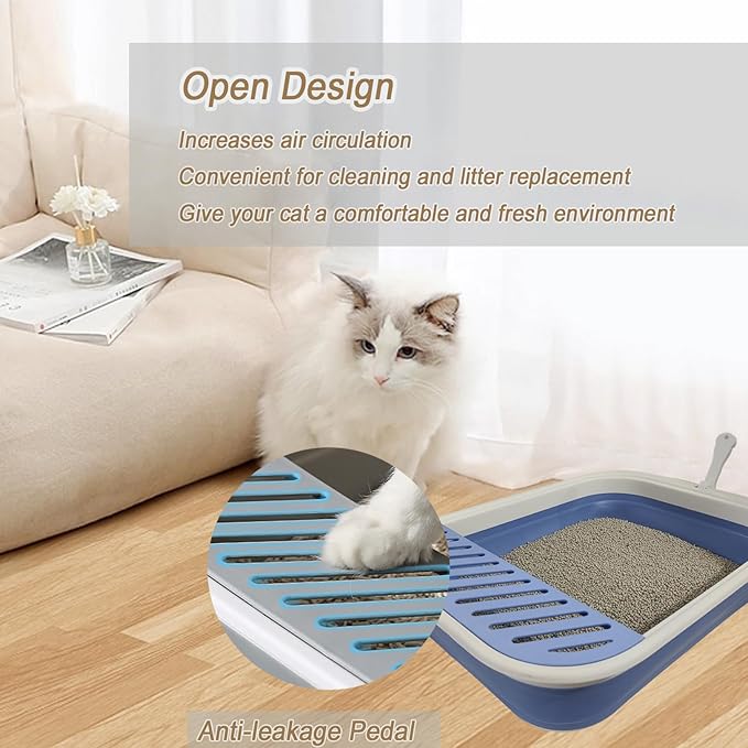 Senior Cat Litter Boxes, Collapsible Open Low Entry Cat Litter Pan with Scoop Travel Kitty Potty Pan Foldable Pet Toilet for Sick Disabled Older Elderly Cats 20.9x15.7x5.7 inch-Mewly Pet