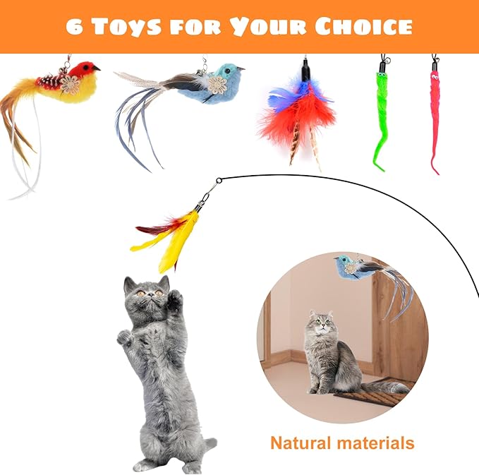 Cat Feather Toys, 10PCS Toys with Super Suction Cup, 2PCS Detachable Wand & 6PCS Replacement Teaser Refills, Interactive Indoor Cat Play-Mewly Pet