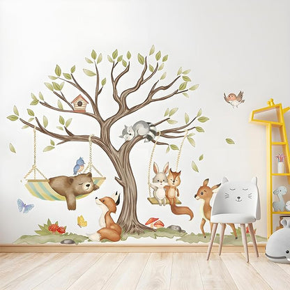 Jungle Animal Wall Stickers Big Tree Fox Sika Deer Safari Wall Decals Kid Room Nursery Baby Bedroom Décor