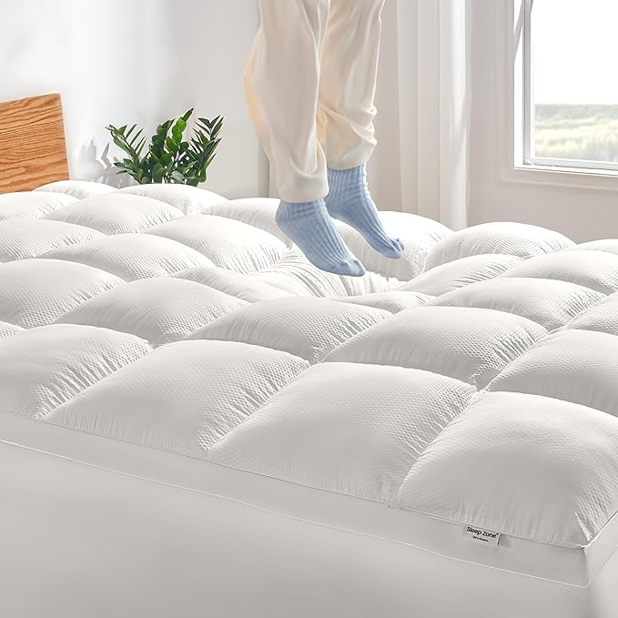 SLEEP ZONE King Mattress Topper Washable, Deep Pocket Mattress Pad, Thick Fitted Mattress Cover for Back Pain, Breathable Mattress Protector, Hotel Quality (White, King)
