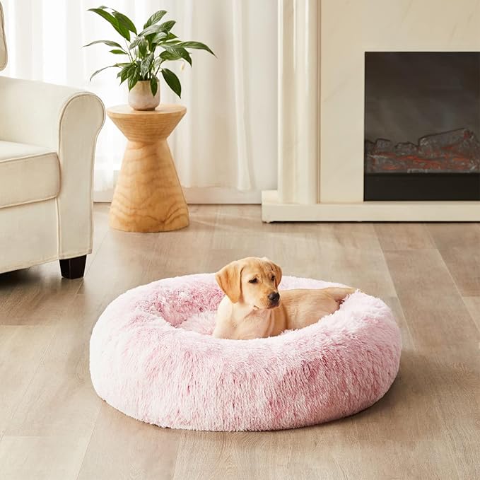 WNPETHOME Calming Dog Bed Cat Bed Donut, Faux Fur Pet Bed Self-Warming Donut Cuddler, Comfortable Round Plush Dog Beds (20 x 20 x 8 Inch, Light Pink)-Mewly Pet
