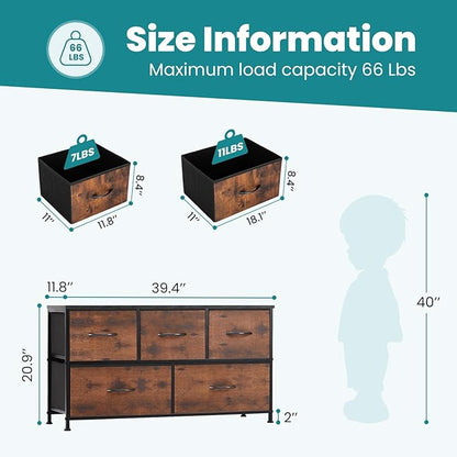 OLIXIS Dresser for Bedroom, 5 Storage Fabric Drawers, Metal Frame and Wooden Top, Tall Storage Drawer Dresser for Closet with Easy Pull Handles for Living Room, Entryway, Small Space