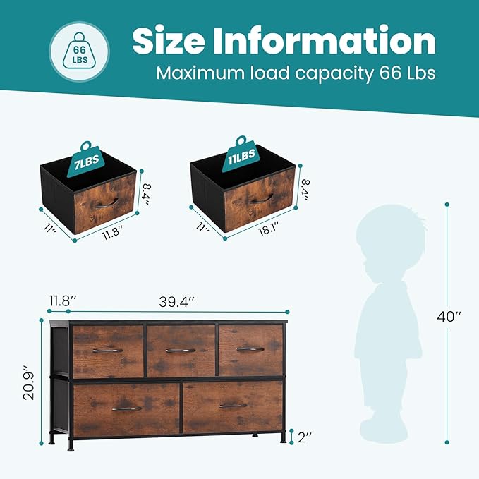 OLIXIS Dresser for Bedroom with 5 Drawers, Wide Chest of Drawers, Fabric Bedroom Dresser with Drawer Organizer, Storage Organizer Unit with Fabric Bins for Closet, Living Room, Hallway, Classic Black