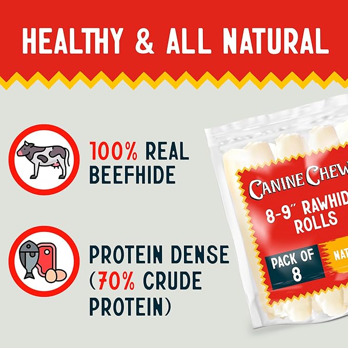 Canine Chews 8-9" Retriever Roll Rawhide Bones for Large Dogs - Durable, Thick Rawhide Bones, Quality Dog Rawhide Chews for Medium to Large Dogs, Thick Size Keeps Dogs Occupied (8 Pack)-Mewly Pet