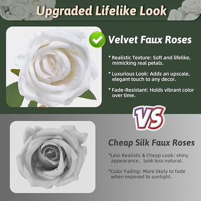 Roses Artificial Flowers 10 Pack in Bulk, White Fake Roses Flowers Realistic Roses for Wedding Home Party Decoration Event Gift