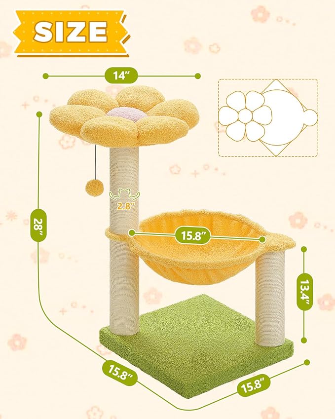 28" Flower Cat Tree Cute with Flower Top Perch, Large Hammock for Indoor Small Cats, Small Cat Tower with Cute Scratching Post and Fur Toy Ball for Kittens, Yellow-Mewly Pet