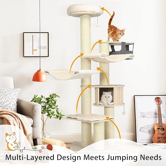 Tangkula Large Cat Tree, Multi-Level Tall Cat Tower with Sisal Scratching Posts, Hammocks, Hanging Basket, Cat Condo and Removable Washable Cushions, Modern Wood Cat Tree for Indoor Cats Large Adult-Mewly Pet
