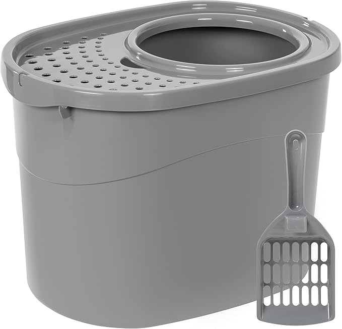 Amazon Basics Large Cat Litter Box with High Sides, Top Entry, Includes Scoop, 20.5 x 14.75 x 14.38 inches, Grey-Mewly Pet