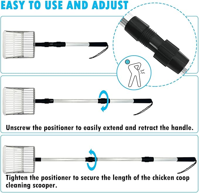 PINVNBY Stainless Steel Chicken Poop Scooper 3 in 1 Adjustable Long Handle Poop Scooper for Chicken(21.8" to 38.6") Multifunctional Chicken Coop Cleaning Tools Sifting Shovel Chicken Coop Accessories-Mewly Pet