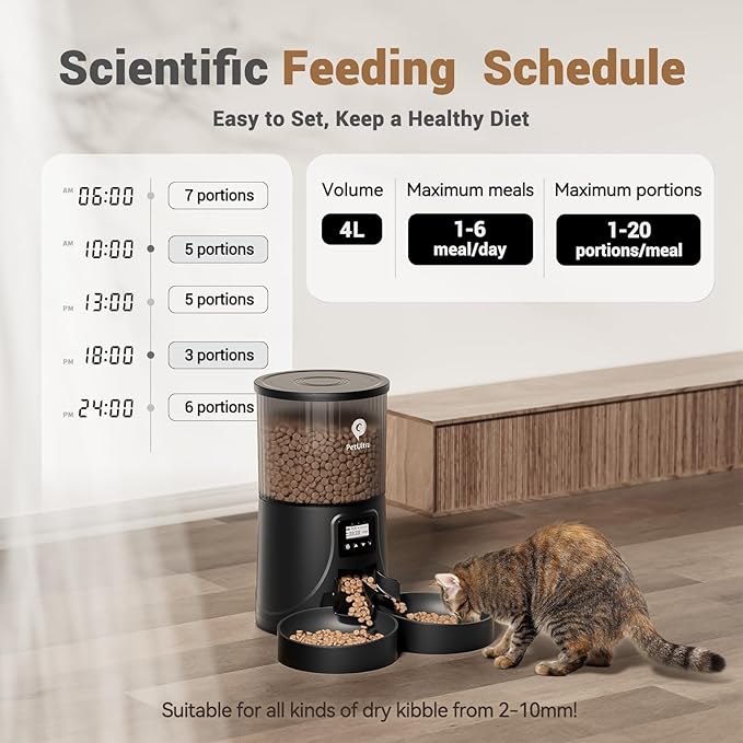 Automatic Cat Feeder for 2 Cats - 16 Cups/4L Timed Auto Pet Feeder with Portion Control (1-6 Meals), Dual Power& Easy to Clean for Indoor Cats & Small Dogs-Mewly Pet