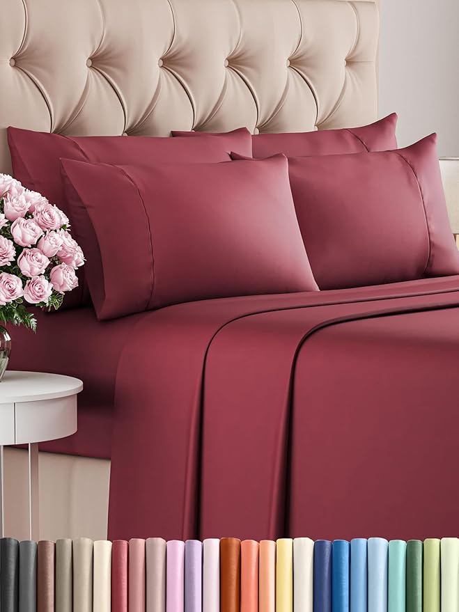 King 6 Piece Sheet Set - Comfy Breathable & Cooling - Ultra Soft Hotel Luxury Bedding Set w/ 8-16 Inch Deep Pockets - 1 Flat & 1 Fitted Sheet & 4 Pillowcases - Wrinkle Free and Easy Care - Burgundy