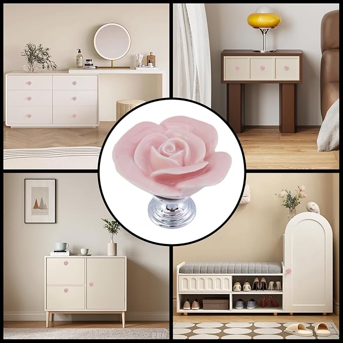 8PCS 1.57" × 1.3" Ceramics Light Pink Rose with Base Knobs Flower Shaped Pulls for Cupboard Drawer with 2 Kinds of Screws