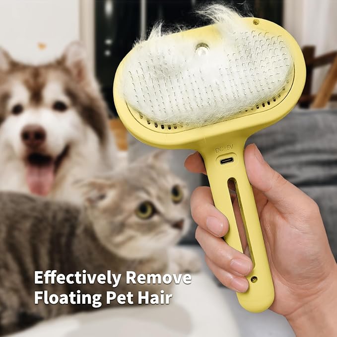3 In 1 Steamy Brush with Release Button and Tank, Anti-Static Pet Brush for Long and Short Hair Pets to Remove Tangles and Loose Fur (Yellow)-Mewly Pet