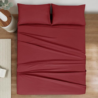 Mejoroom Striped Queen Size Sheet Set - Hotel Luxury 1800 Bedding Sheets & Pillowcases - Deep Pocket Fitted Sheet, Soft, Breathable, Wrinkle & Fade Resistant - 4 Piece (02-Burgundy)