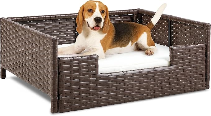 YITAHOME Rattan Dog Sofa Bed with Cushion,Wicker Pet Bed Sofa Couch Indoor Outdoor Water Unaffected for Large Medium Small Dogs Cats (24.8''L*19.7''W*9.8'',Beige)-Mewly Pet