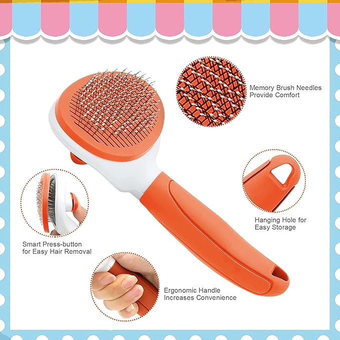 Cat Brushes for Indoor Cats, Dog Brush for Shedding with Metal Cat Comb, Self Cleaning Pet Hair Brush with Release Button for Grooming Kitten(Orange)-Mewly Pet