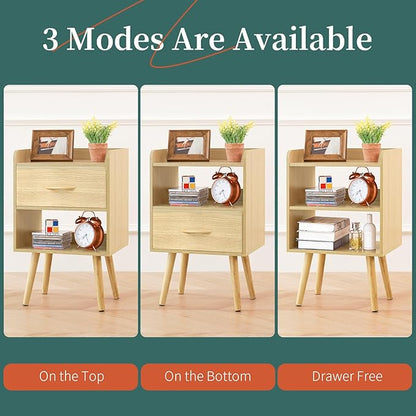Yoobure Modern Nightstand with Fabric Drawer, Bedside Tables, Mid Century Nightstand with Open Storage Shelf, Wood Bedside Table, Small Night Stands for Bedrooms, 2-Tier Night Table