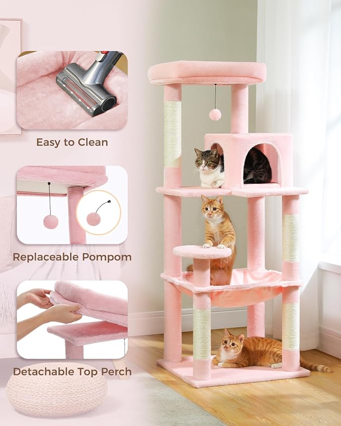 Cat Tree for Large Cats Adult with Metal Plush Big Hammock, 56.3" Cat Tower with 2 Door Condo House, 6-Tier Cat Shelves with Scratching Posts and Large Top Perch, Light Pink-Mewly Pet
