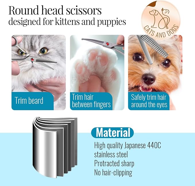 4.5" Dog Grooming Scissors - 3 Pcs Curved & Straight Thinning Shears for Small Dogs & Cats - Japan 440C Stainless Steel-Mewly Pet