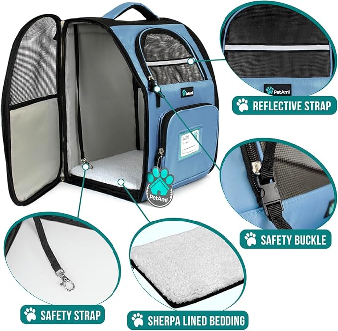 PetAmi Dog Backpack Carrier for Small Large Cat, Pet, Puppy, Ventilated Pet Hiking Backpack Travel Bag, Airline Approved Cat Backpack Carrier, Camping Biking Dog Bag Up to 18lbs Pet, Light Blue-Mewly Pet