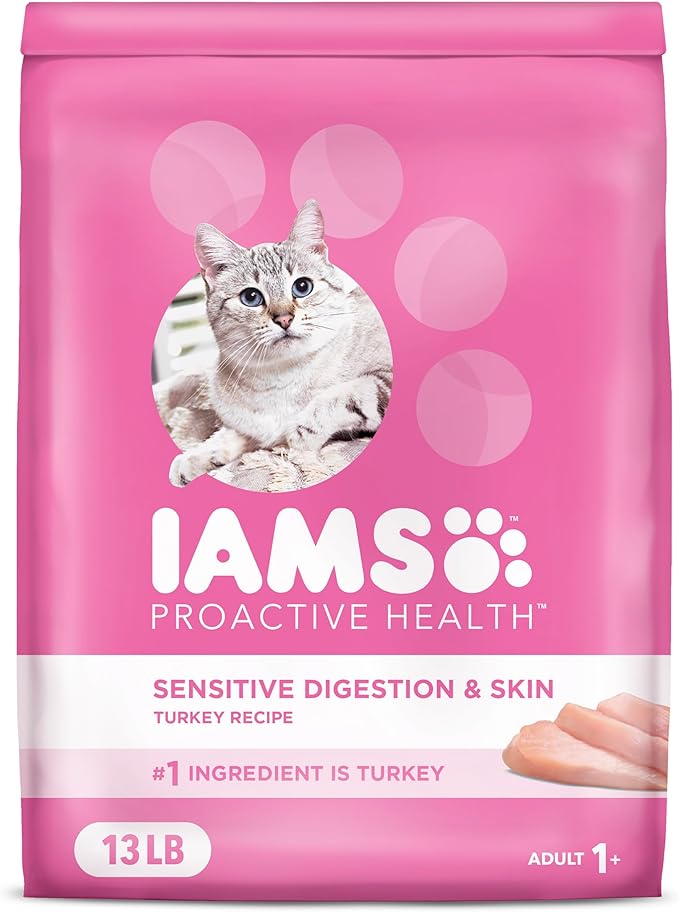 IAMS Proactive Health Adult Sensitive Digestion & Skin Dry Cat Food with Turkey, 13 lb. Bag-Mewly Pet