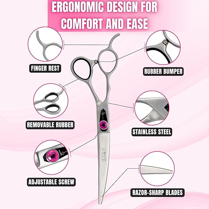 Kenchii Love Left Handed Dog Grooming Scissors, 7 Inch Curved Shears, Dog Scissors for Grooming, Professional Pet Grooming Scissors, Ergonomic & Comfortable-Mewly Pet