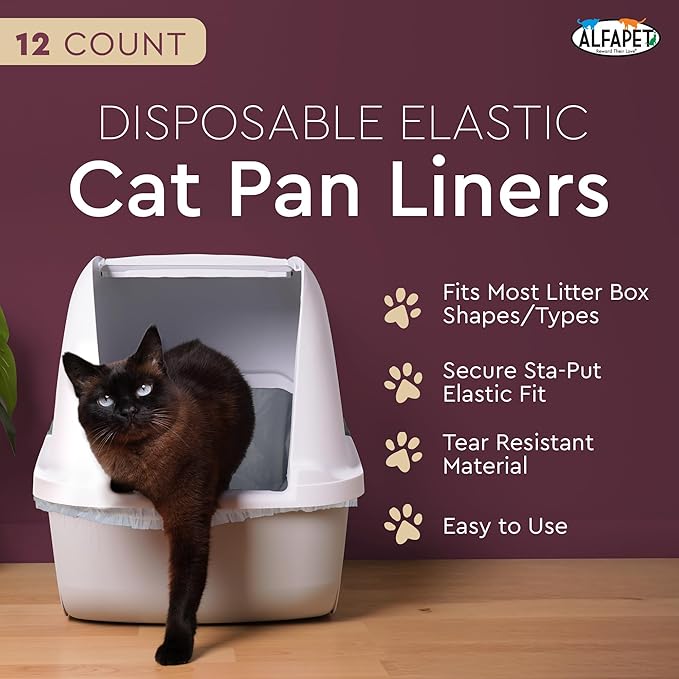 Alfapet Elastic Cat Litter Box Liners - Large 12 Count - Tear-Resistant Cat Litter Bags - Waterproof Kitty Litter Liners - Fits Litterbox Pan Sizes Medium and Large, 31" x 17", 20 lb Capacity-Mewly Pet
