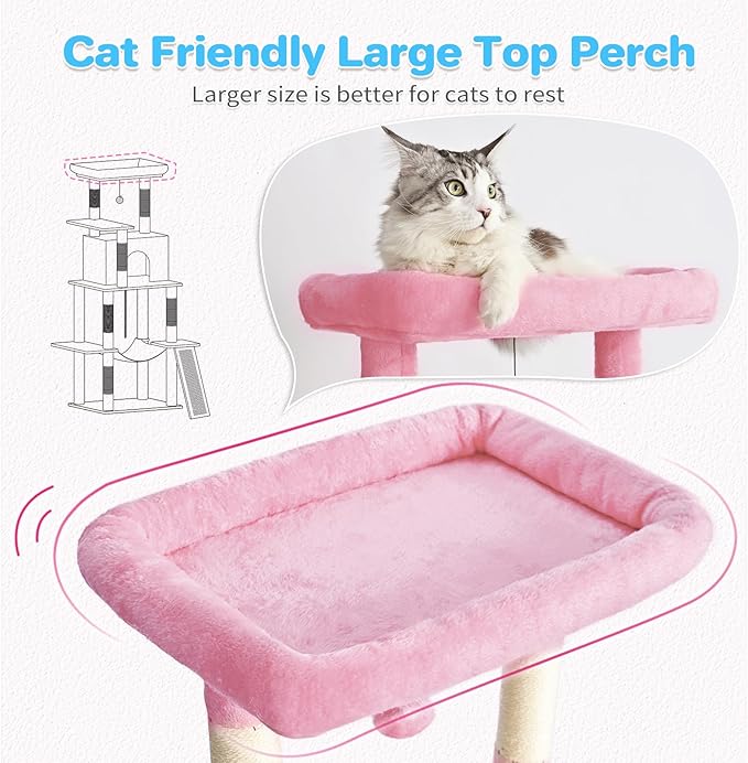 Cat Tree Tower 63in Multi-Level Cat Tower for Indoor Cats with Sisal Scratching Posts, Condo, Hammock, Dangling Ball and Extended Platform for Cats to Play, Pink-Mewly Pet
