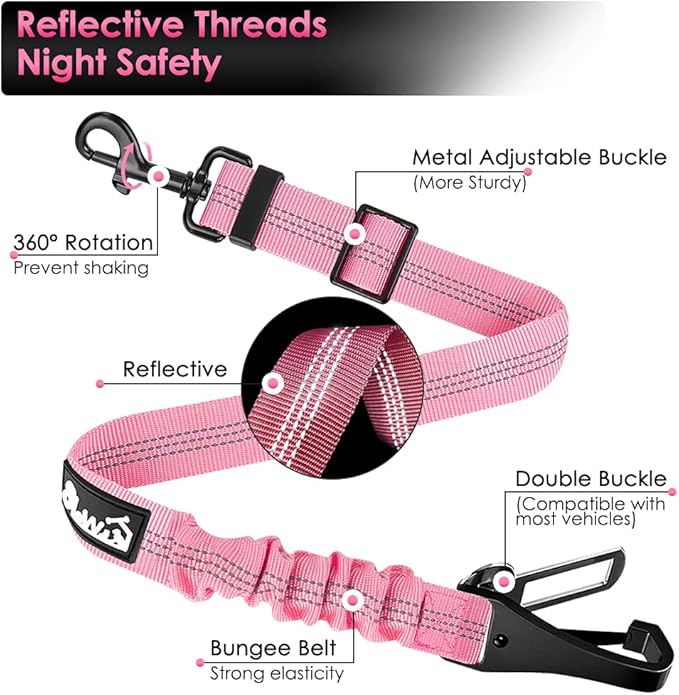 SlowTon Dog Seat Belt, Adjustable Dog Safety Belt Leash, 2 in 1 Latch Bar Attachment Dog Car Seatbelt with Elastic Nylon Bungee Buffer, Reflective Nylon Belt Tether Connect to Dog Harness (Pink)-Mewly Pet