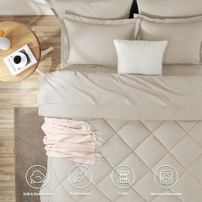 CozyLux King Size Comforter Set Beige - 7 Pieces Bed in a Bag King, Luxury Soft Bed Set for All Seasons, Bedding Set with Down Alternative Comforter, Sheets, Pillowcases & Shams