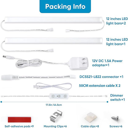Litever Under Cabinet Lighting Set Plug in, 3 pcs 12 Inches LED Light Bars. Super Bright Dimmable Linkable for Kitchen Undercabinet Counter Top Shelf Pantry Closet Display Lighting. Warm White 3000K