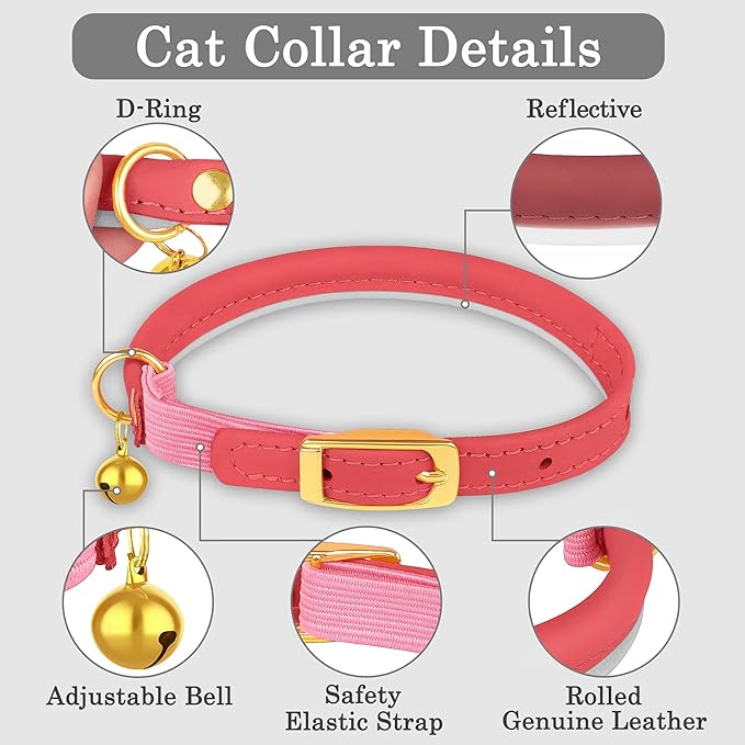 OOPSDOGGY Rolled Leather Cat Collar with Bell - Reflective Kitten Collar with Safety Elastic Strap - Adjustable Small Pet Collars for Boy Girl Cats (Pink)-Mewly Pet
