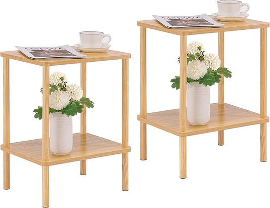 Apicizon 2 Tier End Table Set of 2, Small Side Table with Solid Wood Legs, Boho Bedside Table with Storage Shelf, Nightstand for Small Spaces, Bedroom, Living Room, Entryway, Easy Assembly, Natural
