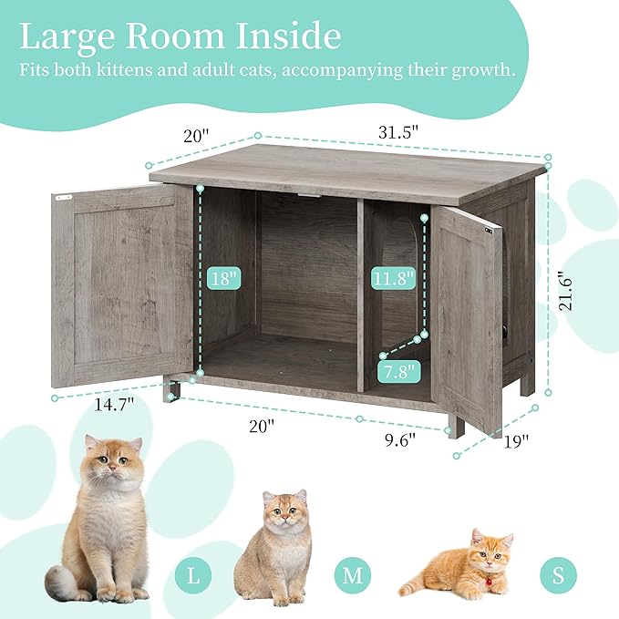 Vongrasig Cat Litter Box Enclosure,Litter Box Furniture Hidden with Barn Door,Wooden Cat Washroom Furniture,Cat House,End Table, Fit Most of Litter Box, Grey-Mewly Pet