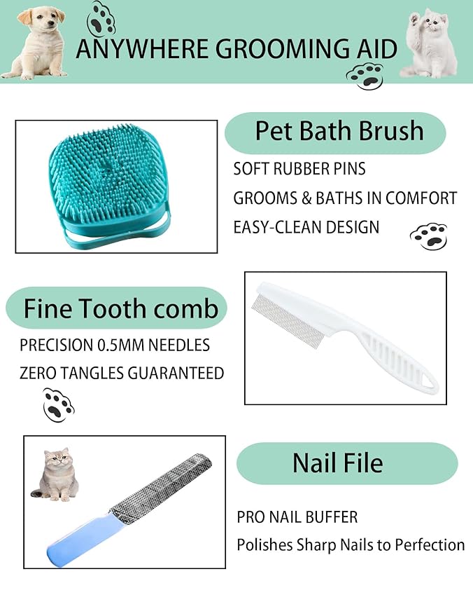 6ps Dog Cat Brush Grooming Kitf, Dog Cat Brushes, Bath Brush, Dematting Rake and Comb, Nail Clipper, Nail File, Flea Comb (Blue 6 Kits)-Mewly Pet
