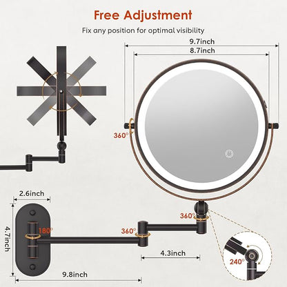9" Wall Mounted Lighted Makeup Mirror,4000mAh Rechargeable Double Sided 1X/10X Magnifying Mirror with Light,3 Color Lights,Touch Dimmable,Extended Arm 360 Rotation Wall Mounted Makeup Mirror (Bronze)
