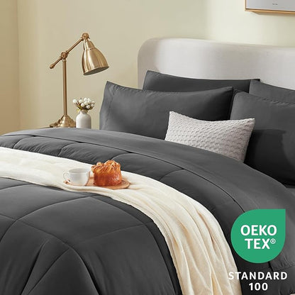CozyLux Twin Comforter Set with Sheets Dark Grey, 5 Pieces Bed in a Bag, Dark Gray Comforter Twin Size, All Season Bedding Set with Stitch Quilted Comforter, Flat Sheet, Fitted Sheet, Pillowcases