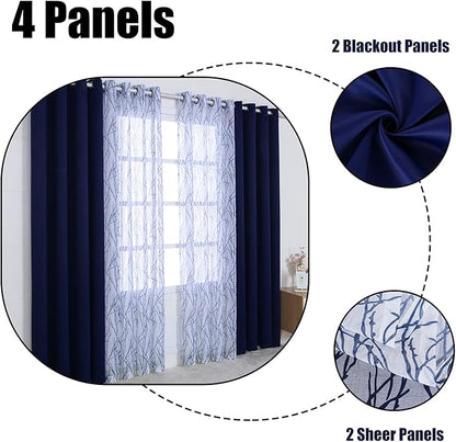 BONZER Mix and Match Curtains - 2 Pieces Branch Print Sheer Curtains and 2 Pieces Blackout Curtains for Bedroom Living Room Grommet Window Drapes, 54x84 Inch/Panel, Indigo, Set of 4 Panels