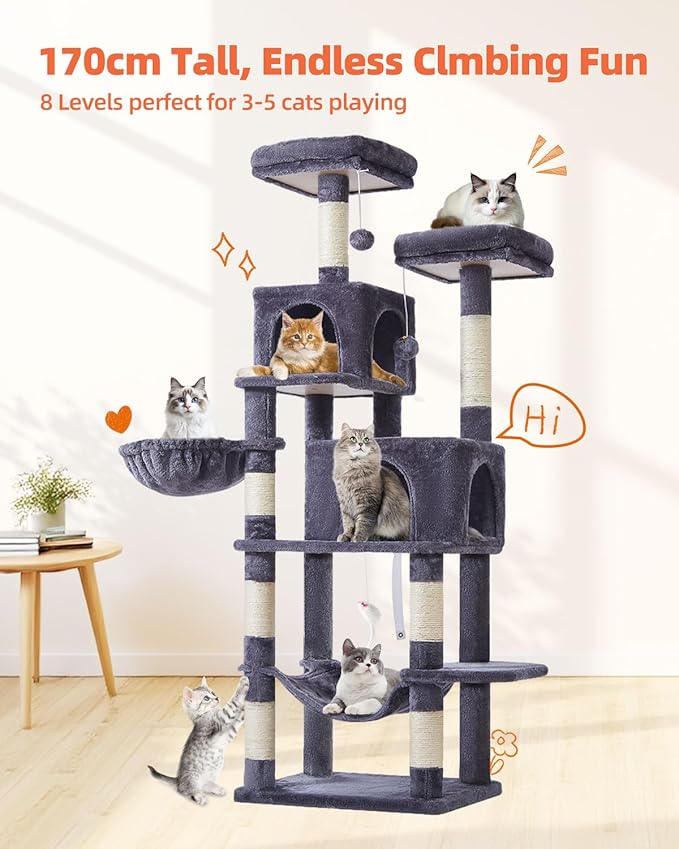 Taoqimiao Cat Tree, 66.2-Inch Cat Tower for Indoor Cats, Plush Multi-Level Cat Condo with 7 Scratching Posts, 2 Perches, 2 Caves, Hammock, 2 Pompoms, Smoky Gray MS013G-Mewly Pet