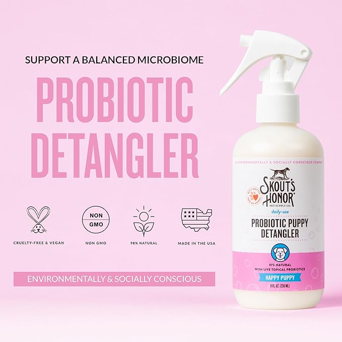 Skout's Honor Pet Detangler Spray - Hydrating & Conditioning with Avocado Oil & Probiotics, 97% Natural, Paraben & Sulfate-Free, softens for a More brushable Coat, Daily Use, 8oz, Happy Puppy-Mewly Pet