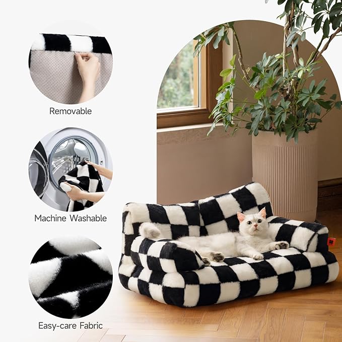 MEWOOFUN Cat Bed for Indoor Cats, Washable Dog Beds for Small Medium Dogs & Cats, Fluffy Cat Couch with Non-Slip Bottom (Black&White, 26.0" L x 19.0" W x 13.0" Th)-Mewly Pet
