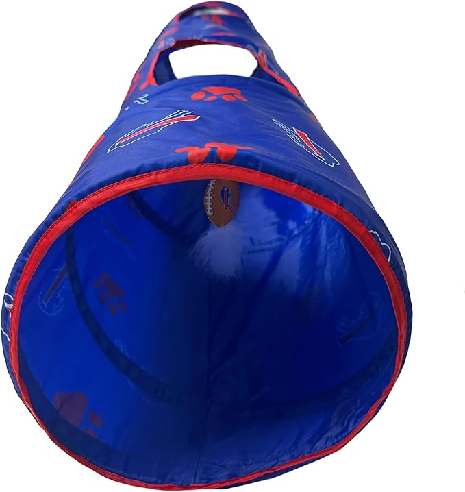 NFL Buffalo Bills Cat Tunnel Tube Toy with Plush Football Catnip and Feathers Collapsible Tunnel for Cats to Play, Peek and Hide, Sporty & Fun Cat Tunnel Toy with Team Logo All-Over Design!-Mewly Pet