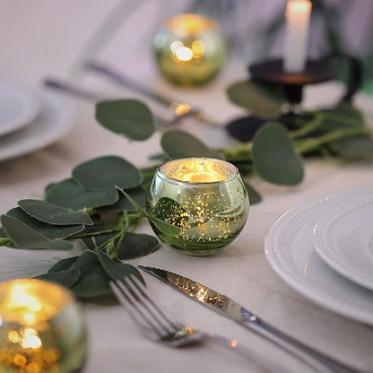 LAMORGIFT 12 PCS Green Votive Candle Holders- Mercury Glass Candle Holders for Sage Green Wedding Decor, Green Tea Light Candle Holders for Vintage Wedding, Engagement, Rehearsal Dinner Table Decor